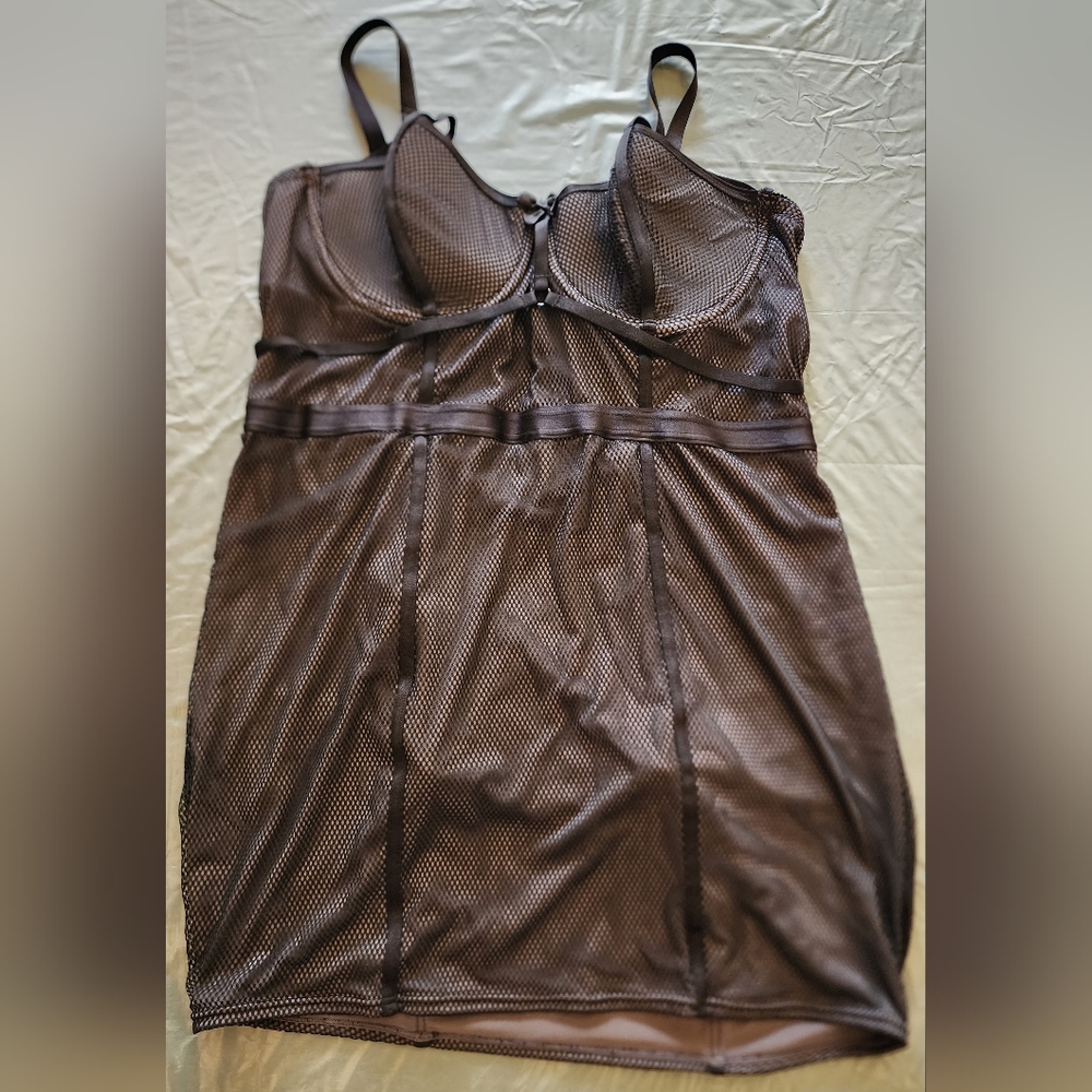 Torrid Intimate tummy control underwire, mesh, straps, grey, and black.